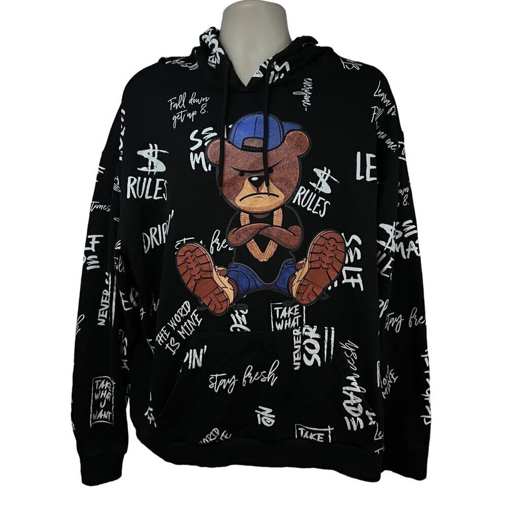 Fresh Laundry Hip Hop Streetwear All Over Black Graphic Print Pullover Hoodie 2X